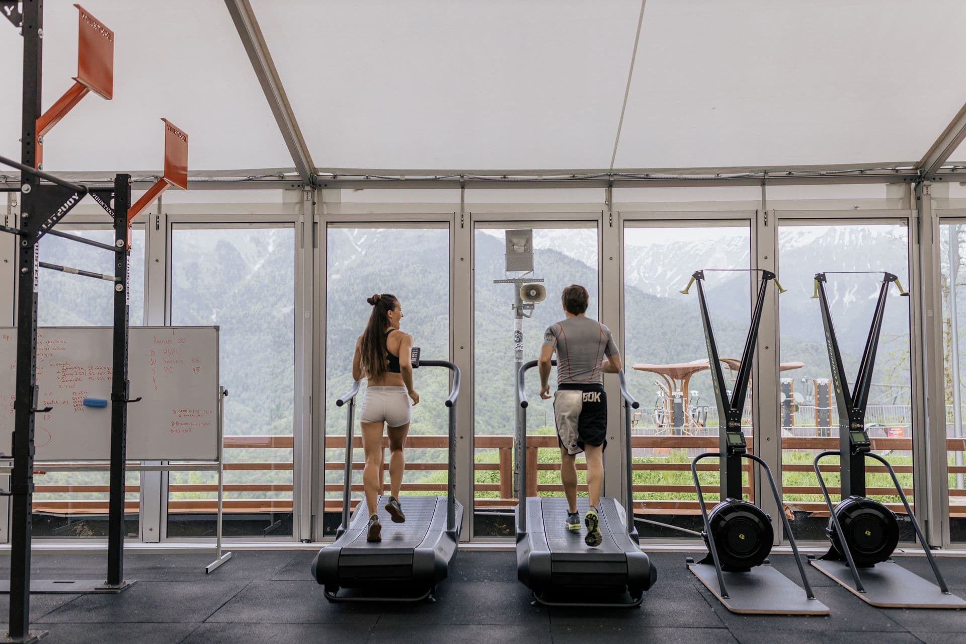 Illustrative treadmill workout in a bright training space