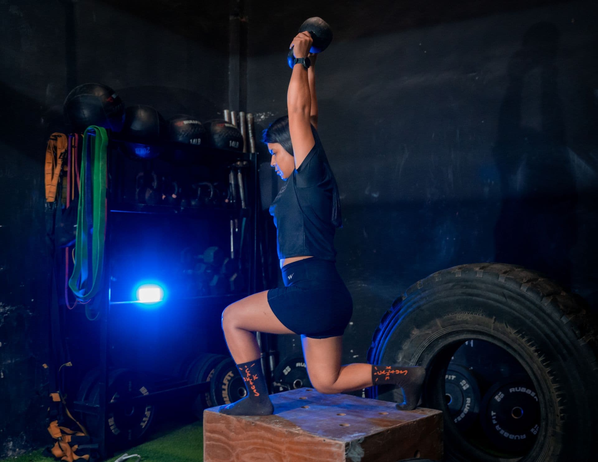 Illustrative kettlebell exercise in a gym