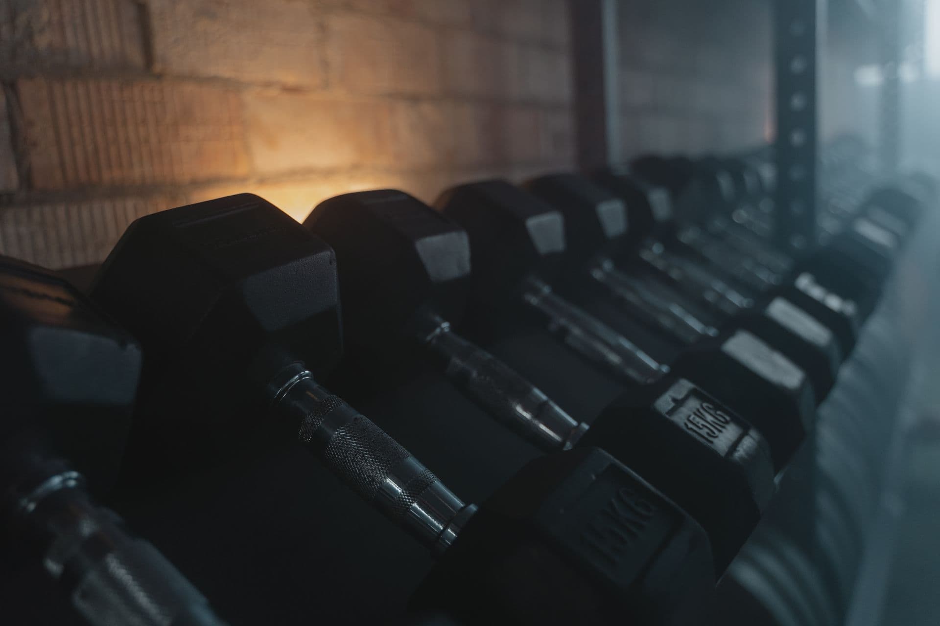 Illustrative close-up of dumbbells arranged on a gym rack